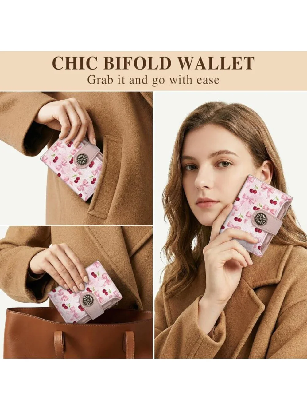 Cute Cherry Bow Wallet - Compact RFID Bifold Purse with Coin Pocket & Card Slots